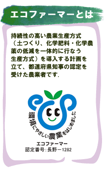 エコファーマーとは 持続性の高い農業生産方式（土つくり、化学肥料・化学農薬の低減を一体的に行なう生産方式）を導入する計画を立て、都道府県知事の認定を受けた農業者です。